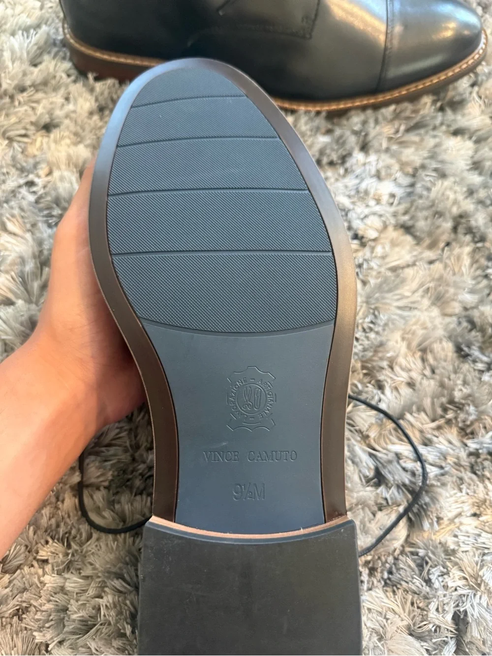 Vince Camuto Black Leather Cap-Toe Derby Shoes with Brown Welt